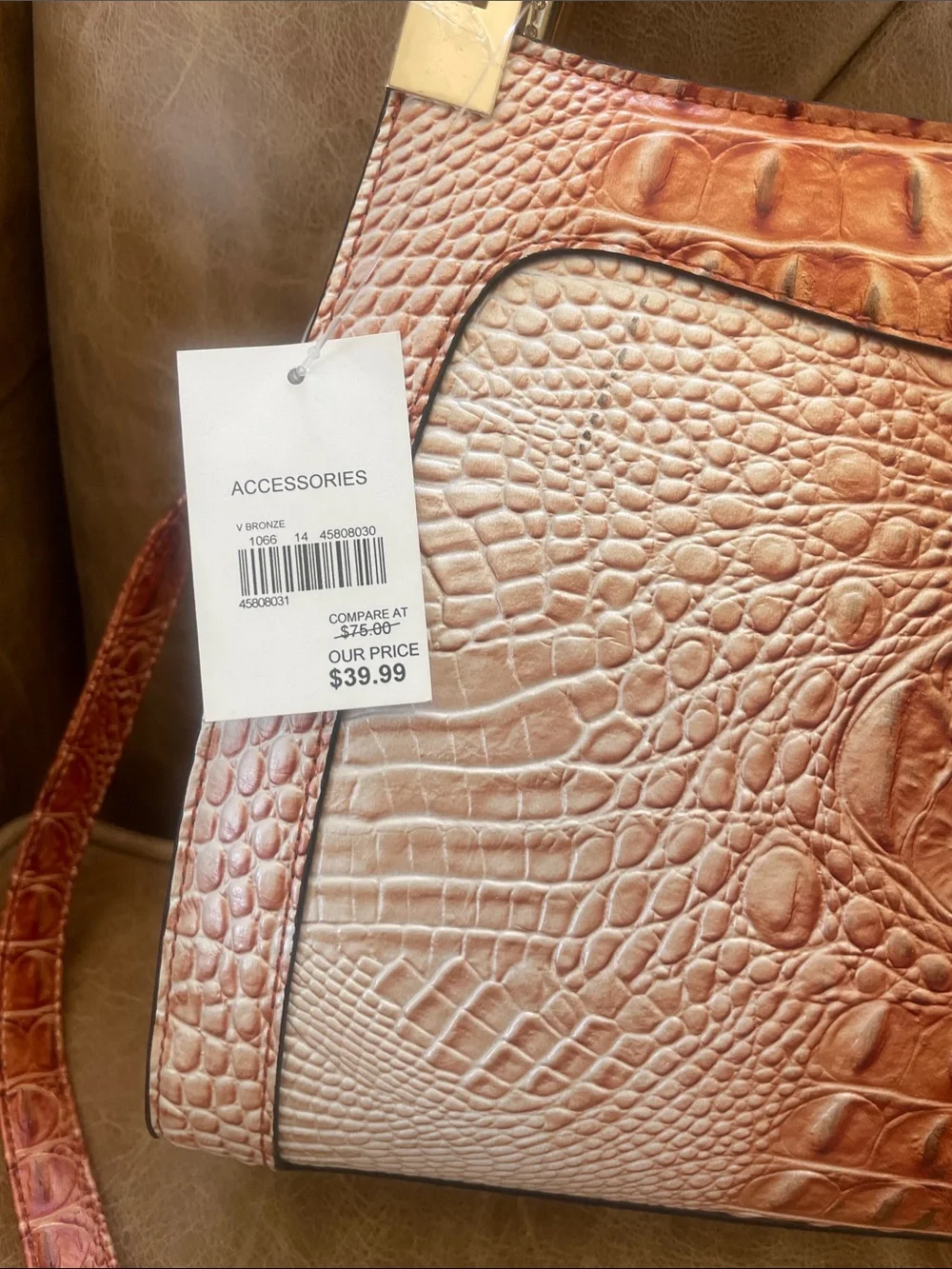 Croc-Embossed Satchel Handbag in Burnt Orange-Cream